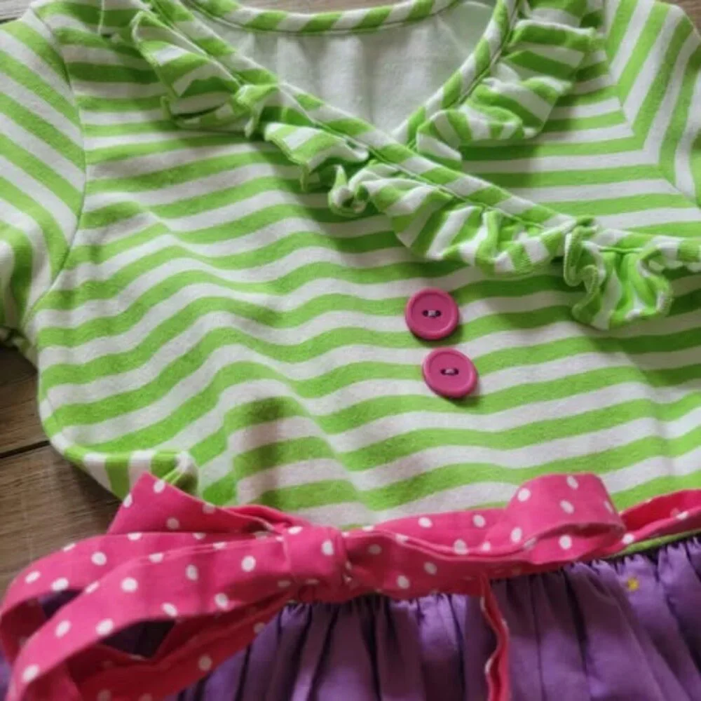 Eleanor Rose Girls Carousel Cotton Striped Ruffle Dress Purple Green Size 5/6